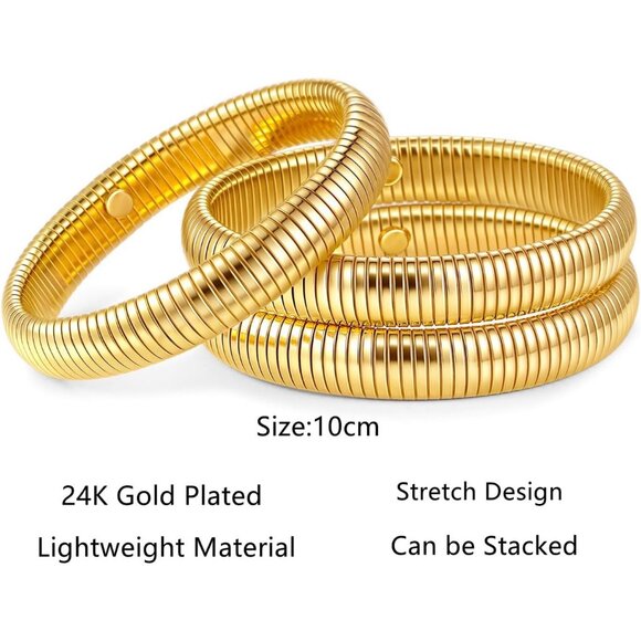 Set of 3 Gold Bangles for Women - 24K Gold Plated Stretch & Chunky Bracelets - Picture 5 of 5